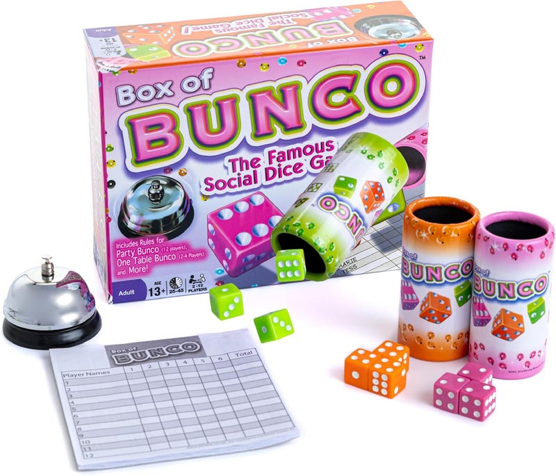 Continuum Games Box of Bunco Game Party Box for Ladies Night with The Girls, Adult Games for 2-12 players with 3 Sets of Bunco Dice, Bell, and Score Pad for Ladies Night Games, Bunco Gifts for Women - Image 1